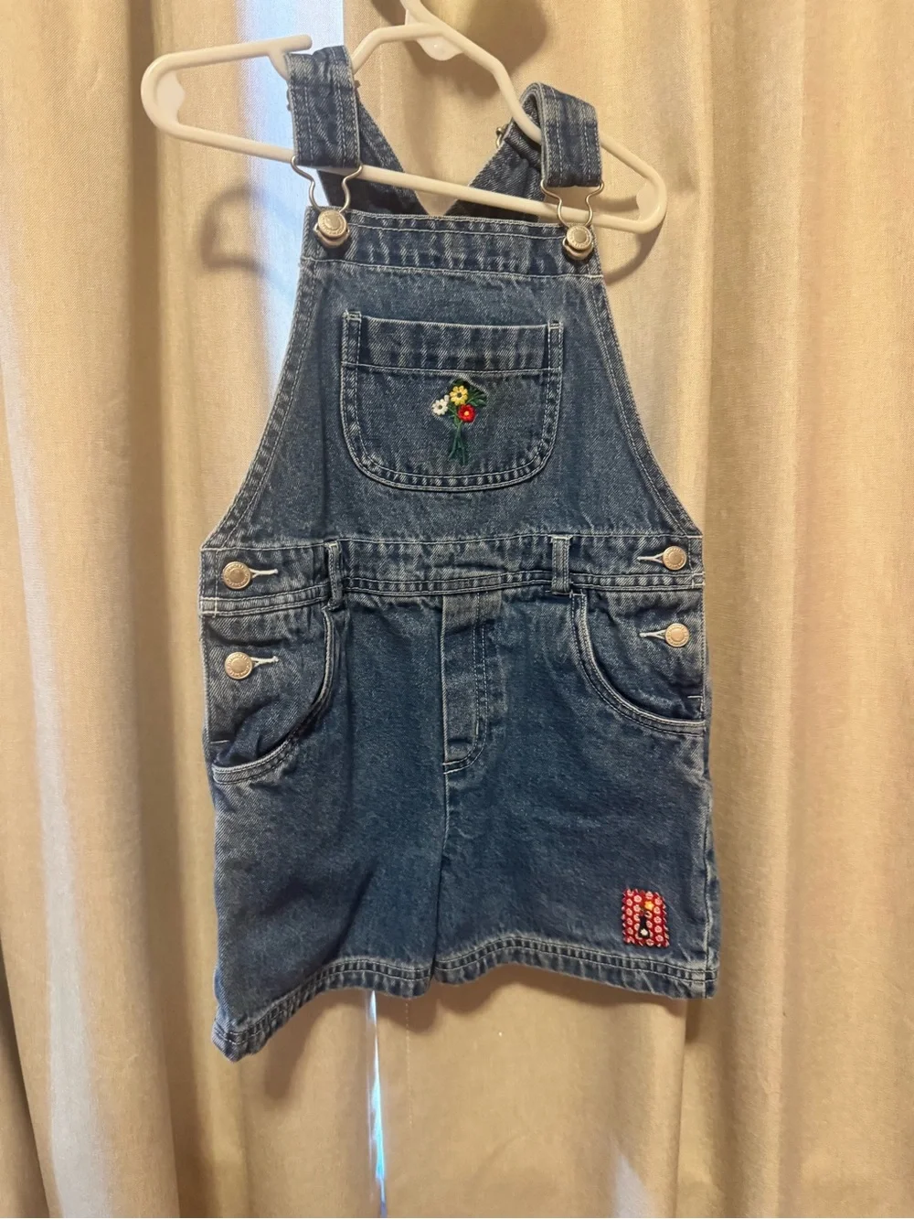 Kids Denim Overall Shorts with Floral Embroidery - Blue